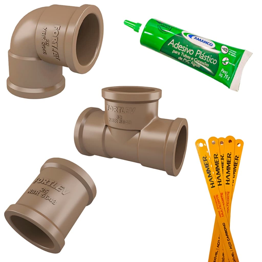 Kit 62 Peças Conexões PVC 3/4 Hidráulicos Soldável Qualidade 30 Joelhos/16 Luvas/14 Tee/1 Cola Pvc 75g / 1 Lâmina Serra