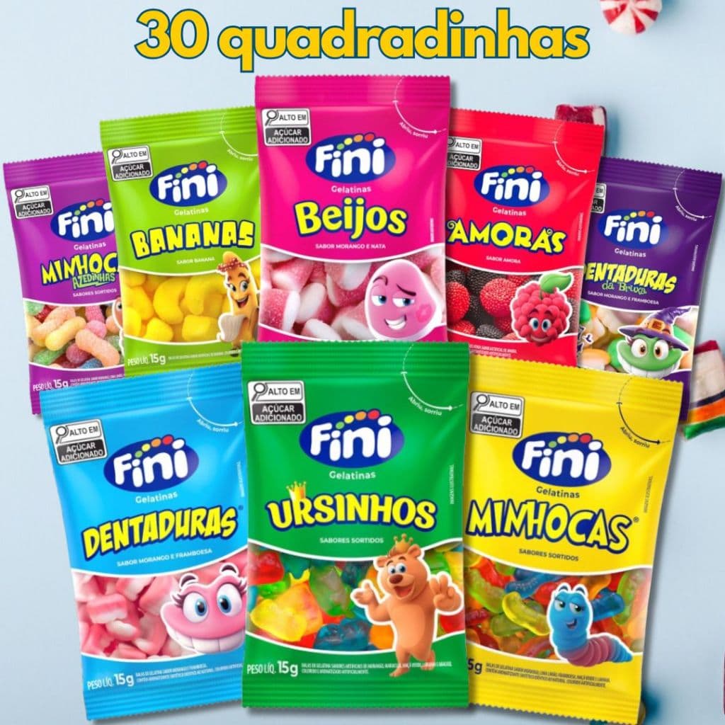 Kit Com 30 Pacotes de Bala Fini Quadradinhas Sabores Variados Sortidos
