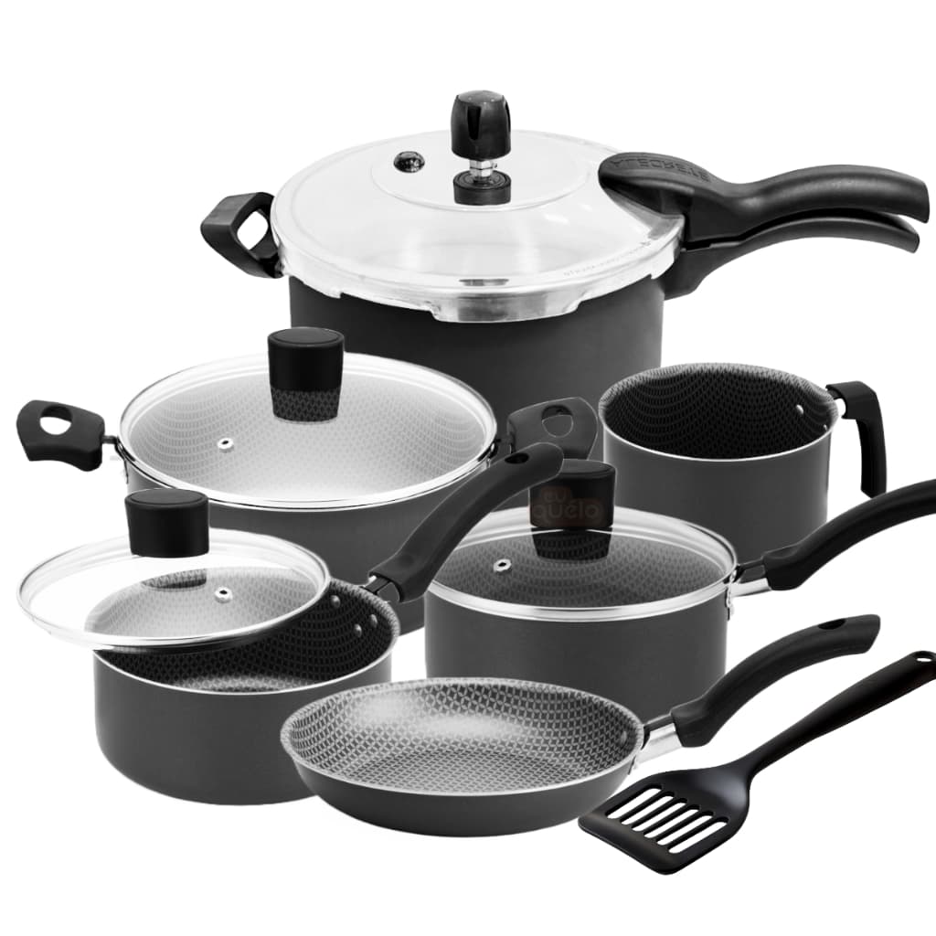 JG de Panela Antiaderente + Panela de Pressão 4,5L Fechamento c/ Caneco + Frigideira + Espatula 7pçs