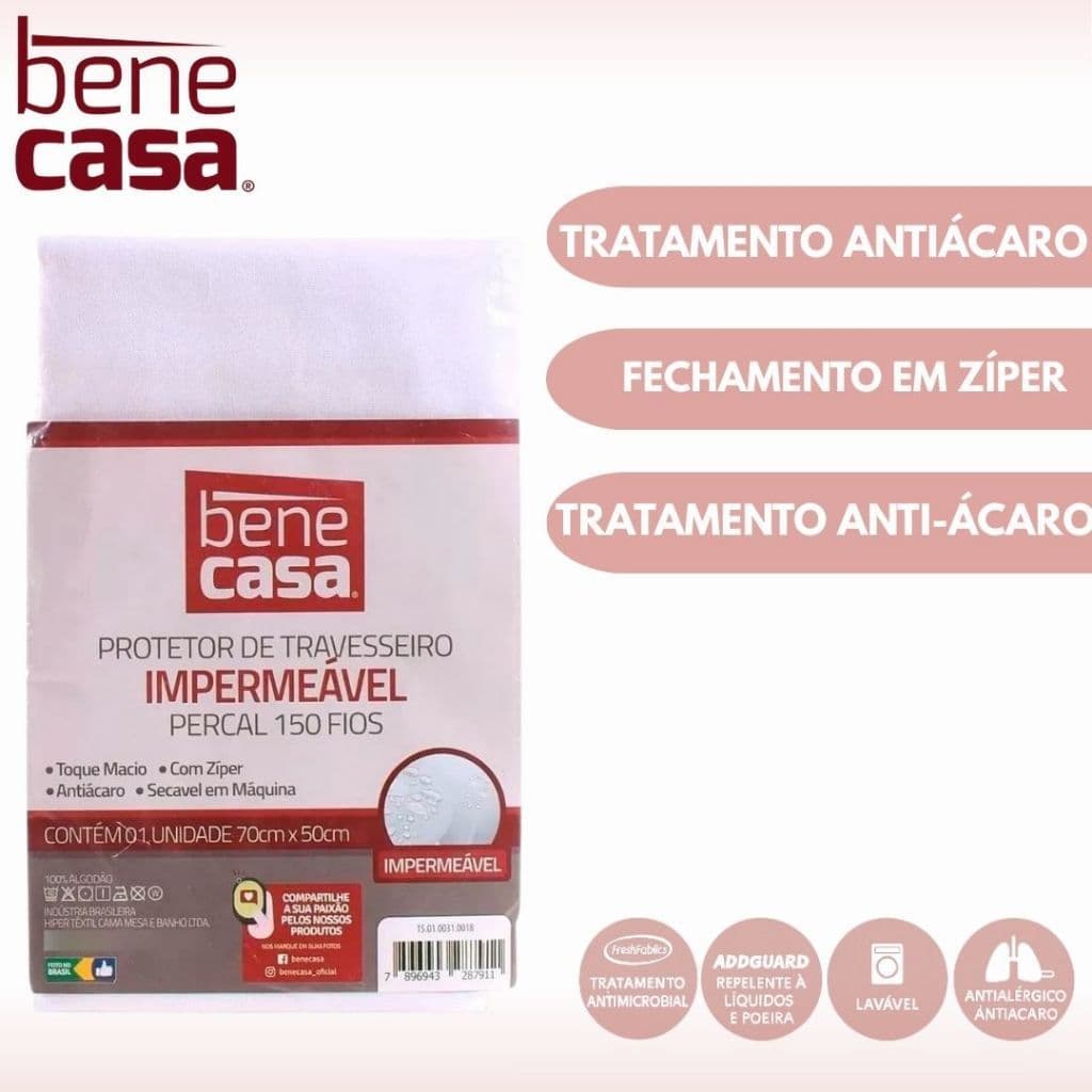 Kit Protetor de Travesseiro Com Zíper Impermeável Antiácaro 50x70cm Branco 100% Algodão Bene Casa