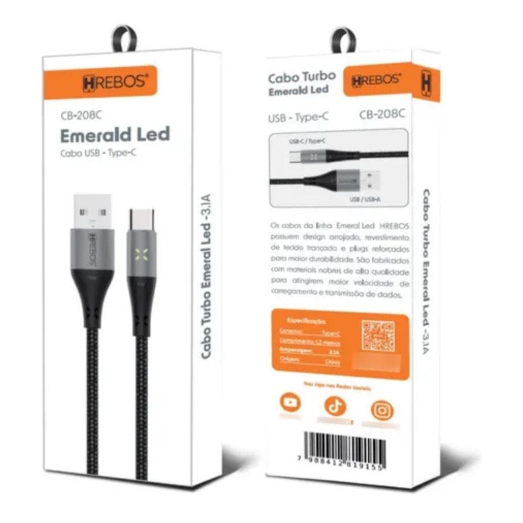 Cabo Tipo-C X USB Original Turbo Emerad Led Hrebos 1.2M | Carregamento Rápido - Envio Imediato