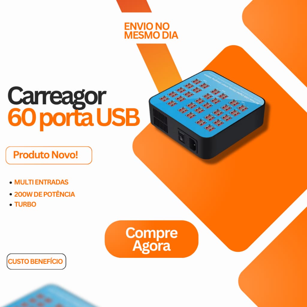 Estação de Carregamento USB 60 Portas 200W Turbo Rápido Inteligente Bivolt 110-240V – Carregador Coletivo Multi Disposit