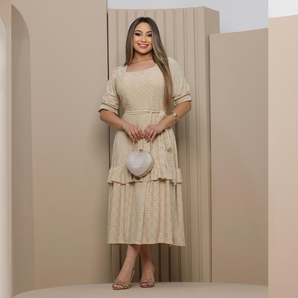 Vestido Feminino  Midi Godê Babado Laise  Moda Evangelica