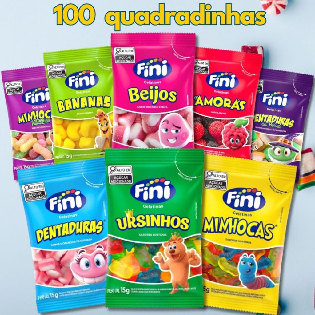 Kit Com 100 Pacotes de Bala Fini Quadradinhas Sabores Variados Sortidos