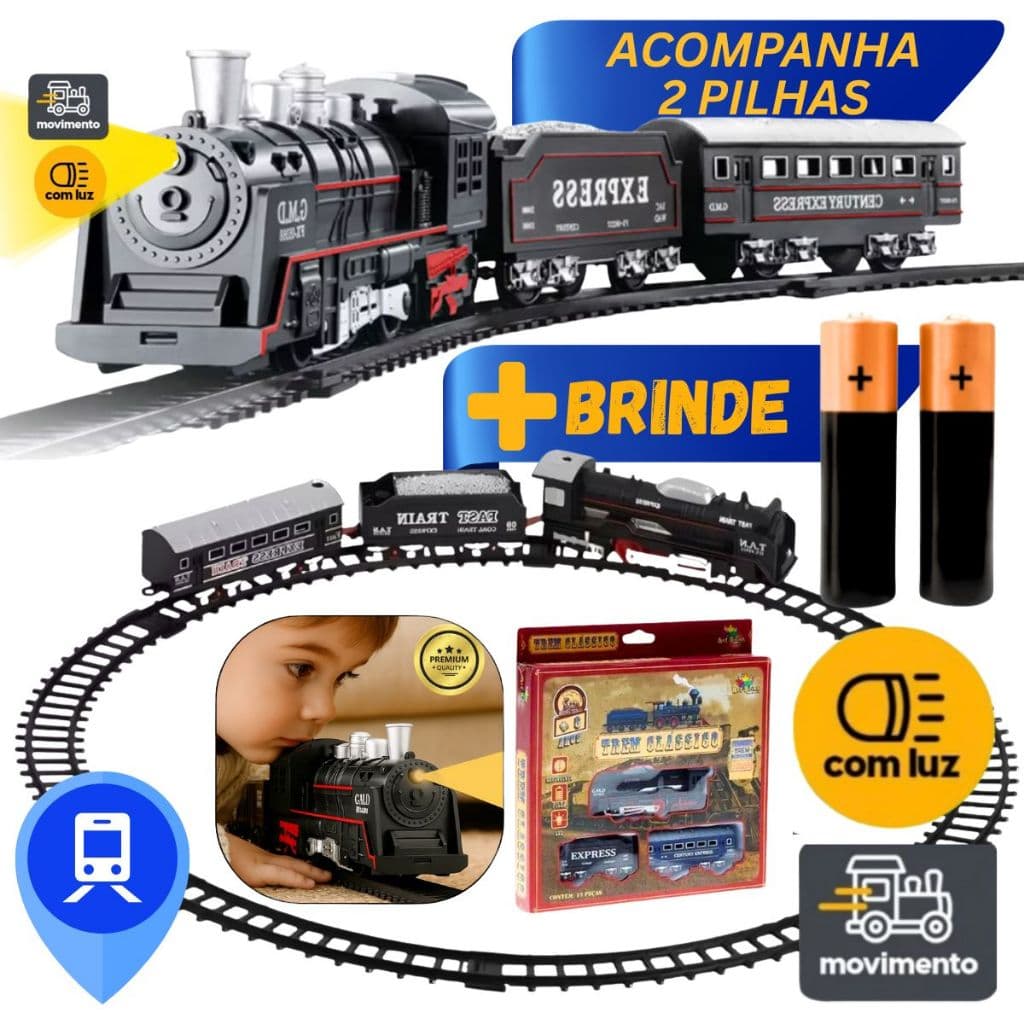 Trem de Brinquedo Locomotiva Ferrorama Grande Trilhos com Luzes Infantil Pilhas de Brinde