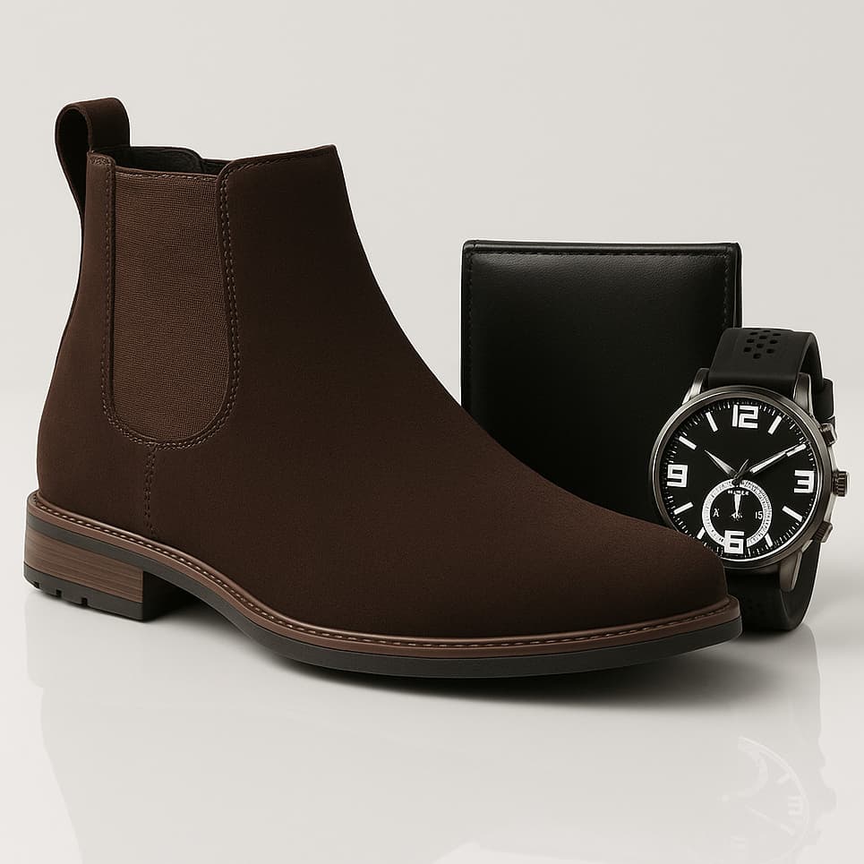 Botina Chelsea Bota Masculina Classica Couro Camurça Legitimo Agro Top Palmilha Gel Conforto Kit Relógio Masculino