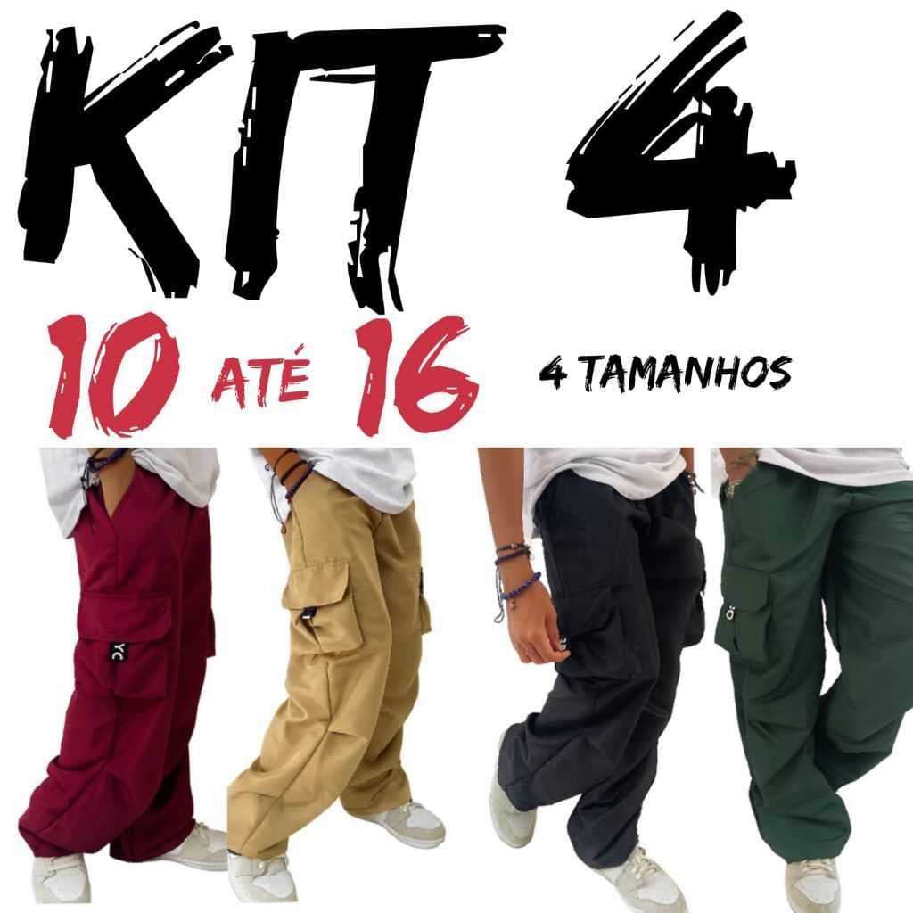 KIT 4 calças infantil tactel cargo menino juvenil masculino 6,8, 10,12,14,16 preta verde bege vinho