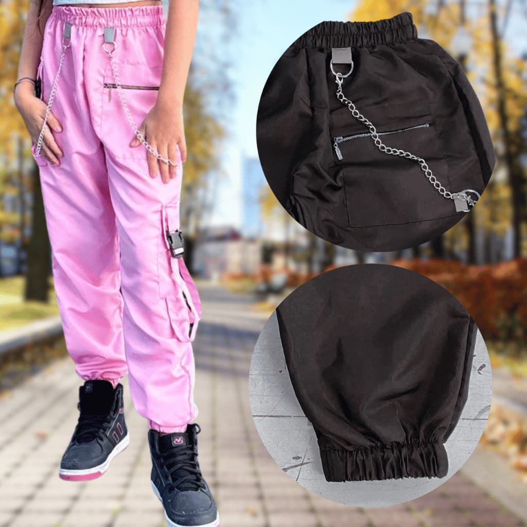 calça jogger feminina infantil juvenil em tactel leve bolsos e corrente rosa bebe