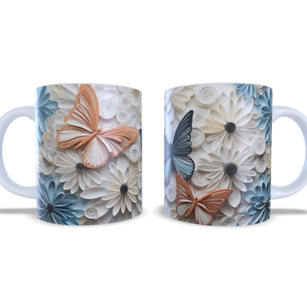 Caneca Borboletas com Flores Brancas e Azuis 325 ml Porcelana
