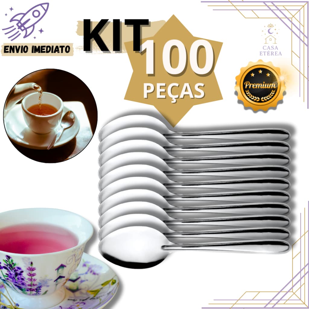 Kit 100 Colher de Chá Aço Inox Talher Luxo Elegante para Café Chá Buffet Restaurante Bar Cafeteria Confeitaria