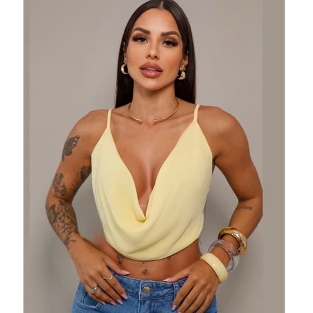 Cropped Drapê Feminino com Alcinhas Moda Gringa Tendência Verão Europeu Elegante Casual Chic