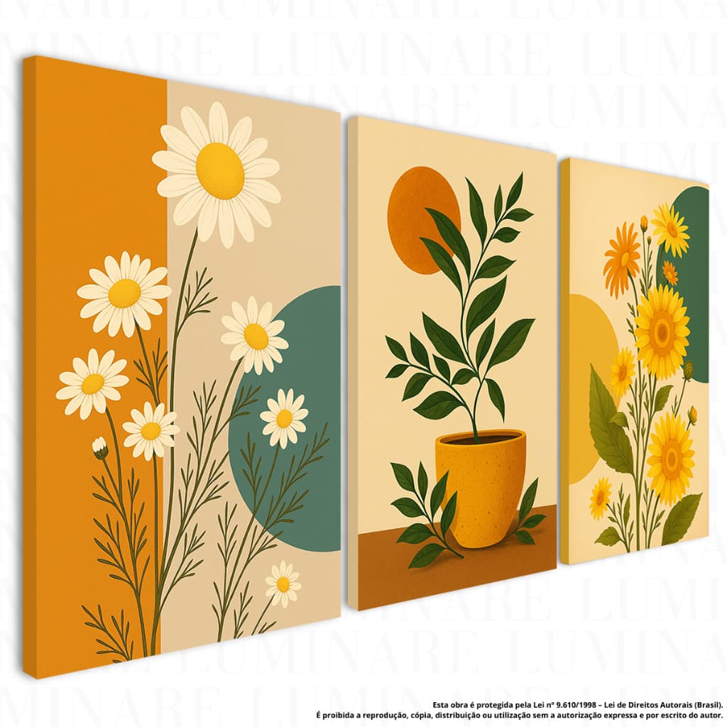 Quadro Decorativo Kit 3 Peças MDF Floral Folhagem Vasos Estilo Boho Moderno Para Sala e Quarto