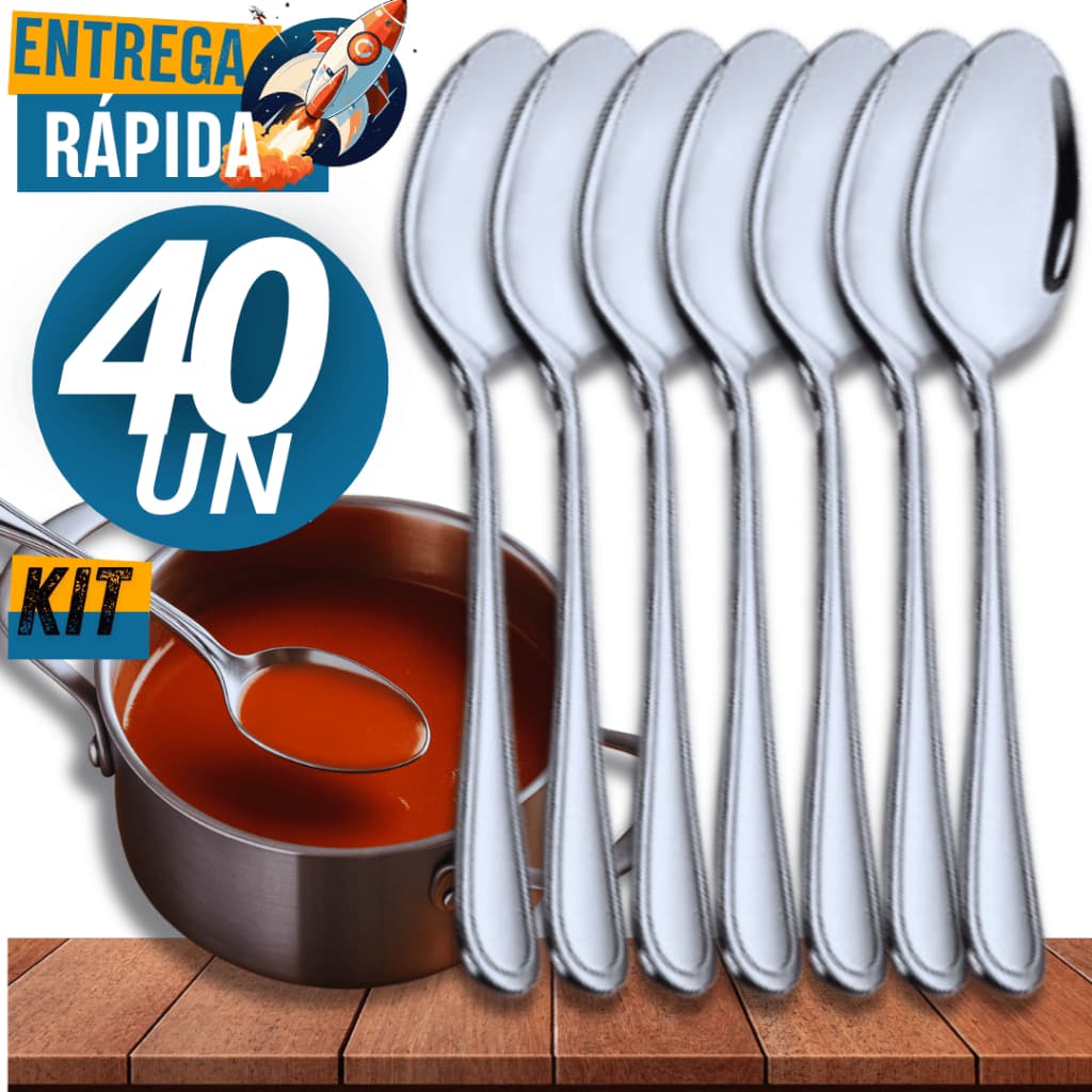 KIT Conjunto 40 Unidades Inox  Colher Multiuso  Cozinha Restaurante Qualidade Resistência