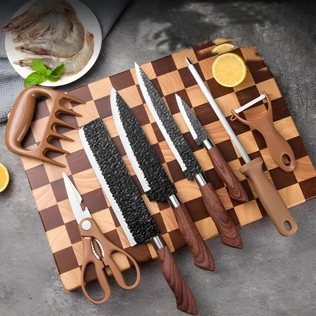 Kit Facas Churrasco e Cozinha 8 Peças  Aço Inoxidável com Garra e Amolador