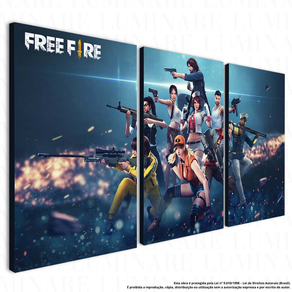 Kit Quadros Decorativos 3 Peças MDF Free Fire Gamer – Cenários e Personagens do Jogo Resolução 8K