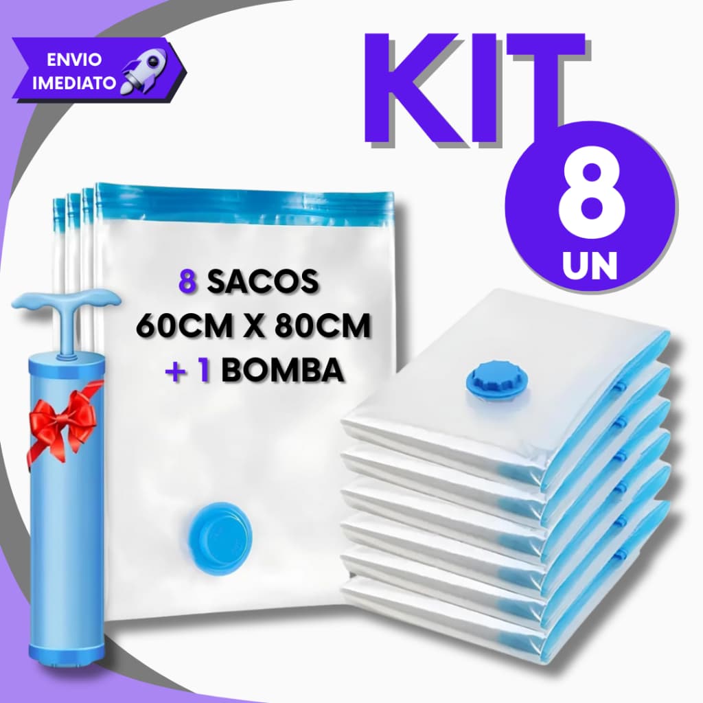 Kit 8 Sacos Organizador de Roupas a Vácuo 60x80cm + Bomba Manual