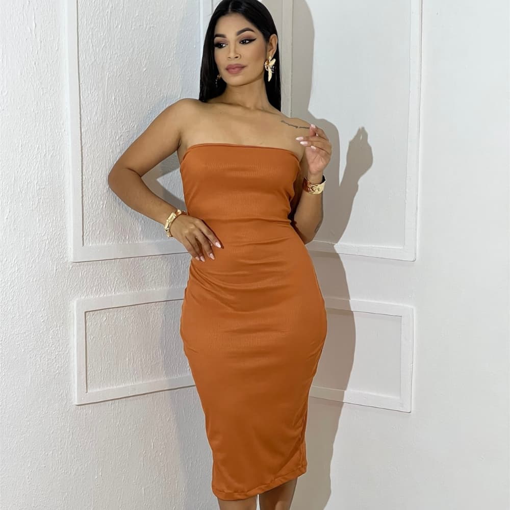 Vestido Midi Feminino Tomara Que Caia Canelado Elegante Tecido ANARRUGA
