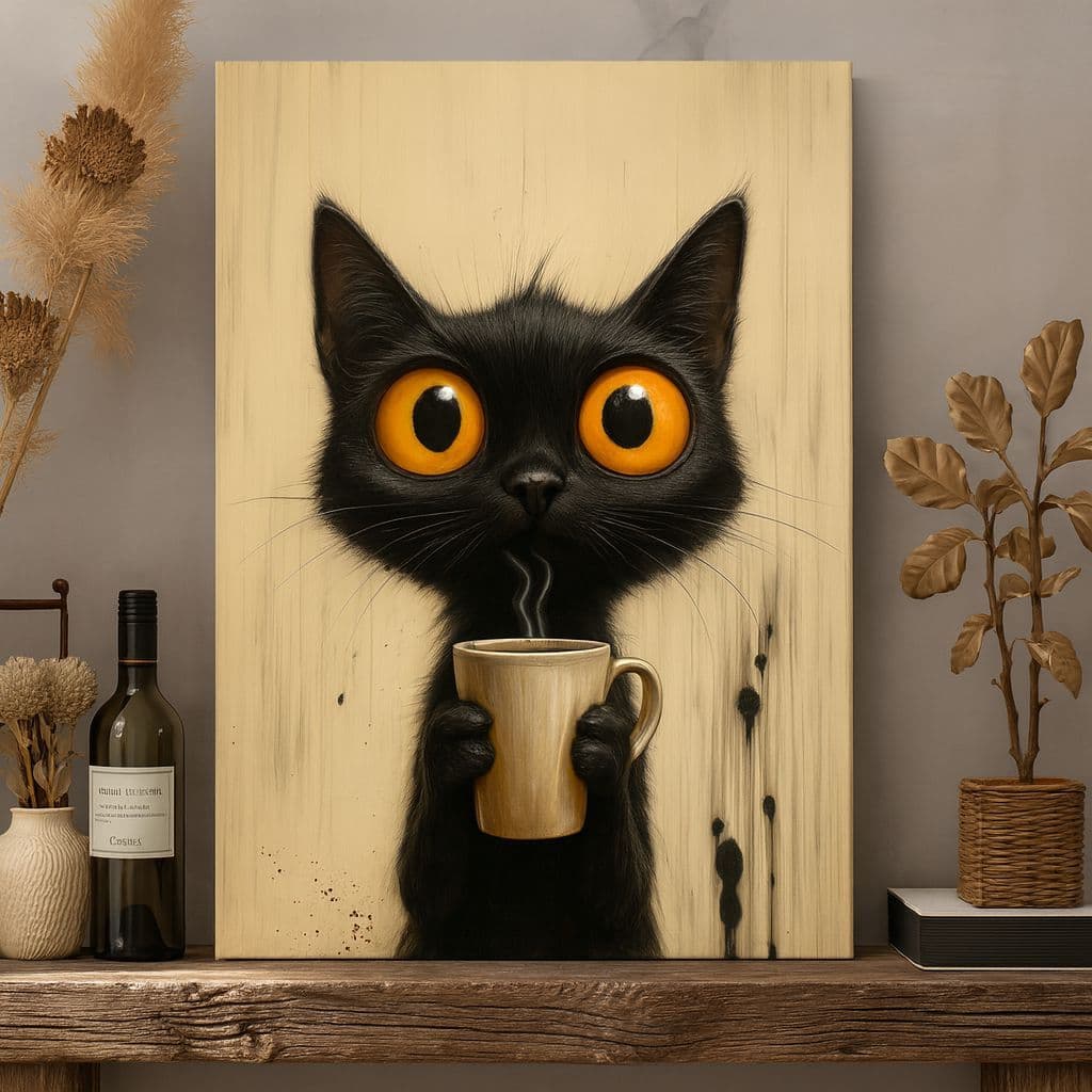 Quadro Decorativo Abstrato Moderno Arte Gato Preto Rebeldes e Café