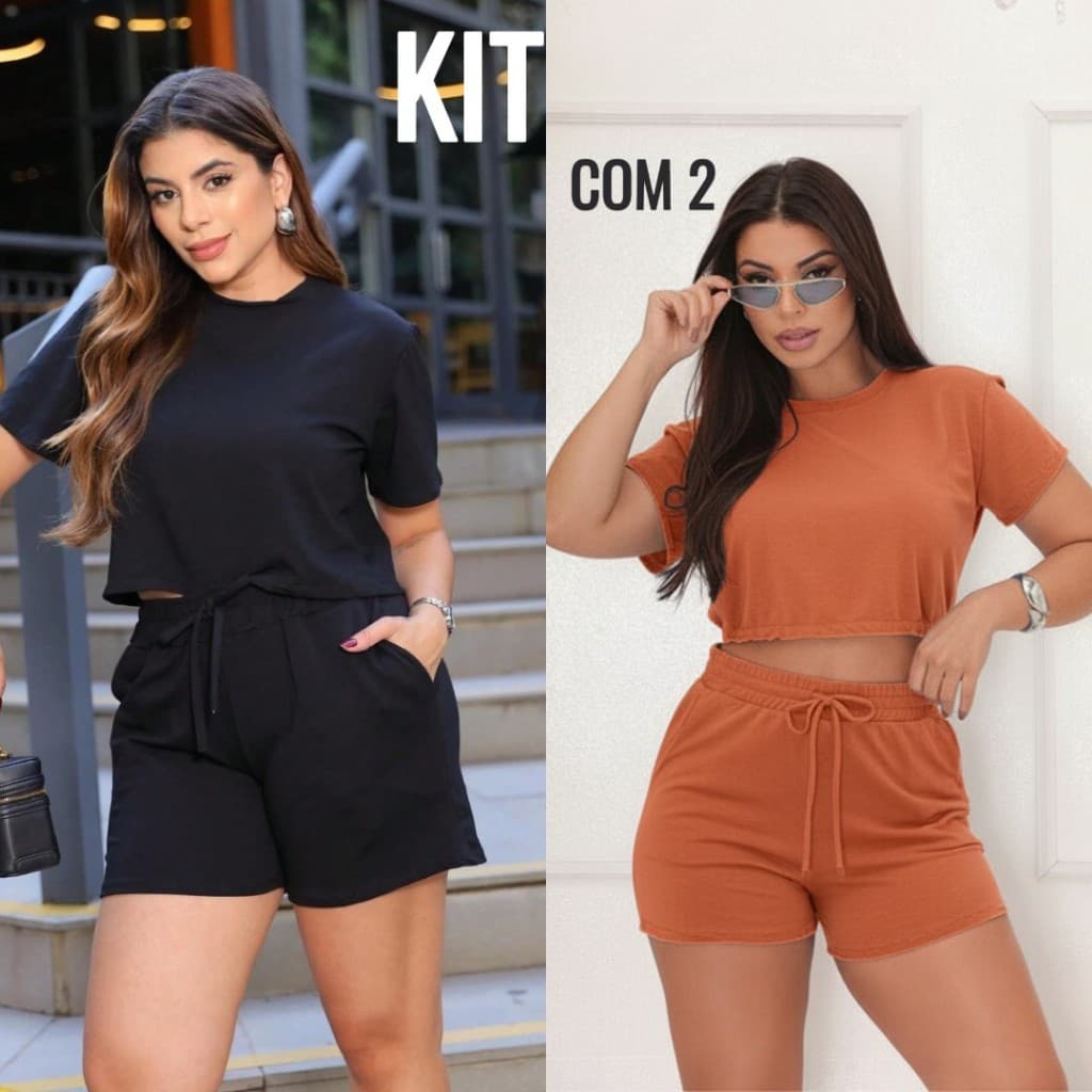 Kit com 2 Conjuntos Moletinhos Feminino Shorts Com Bolsinho e Croppeds Manga Curta Moda Blogueira
