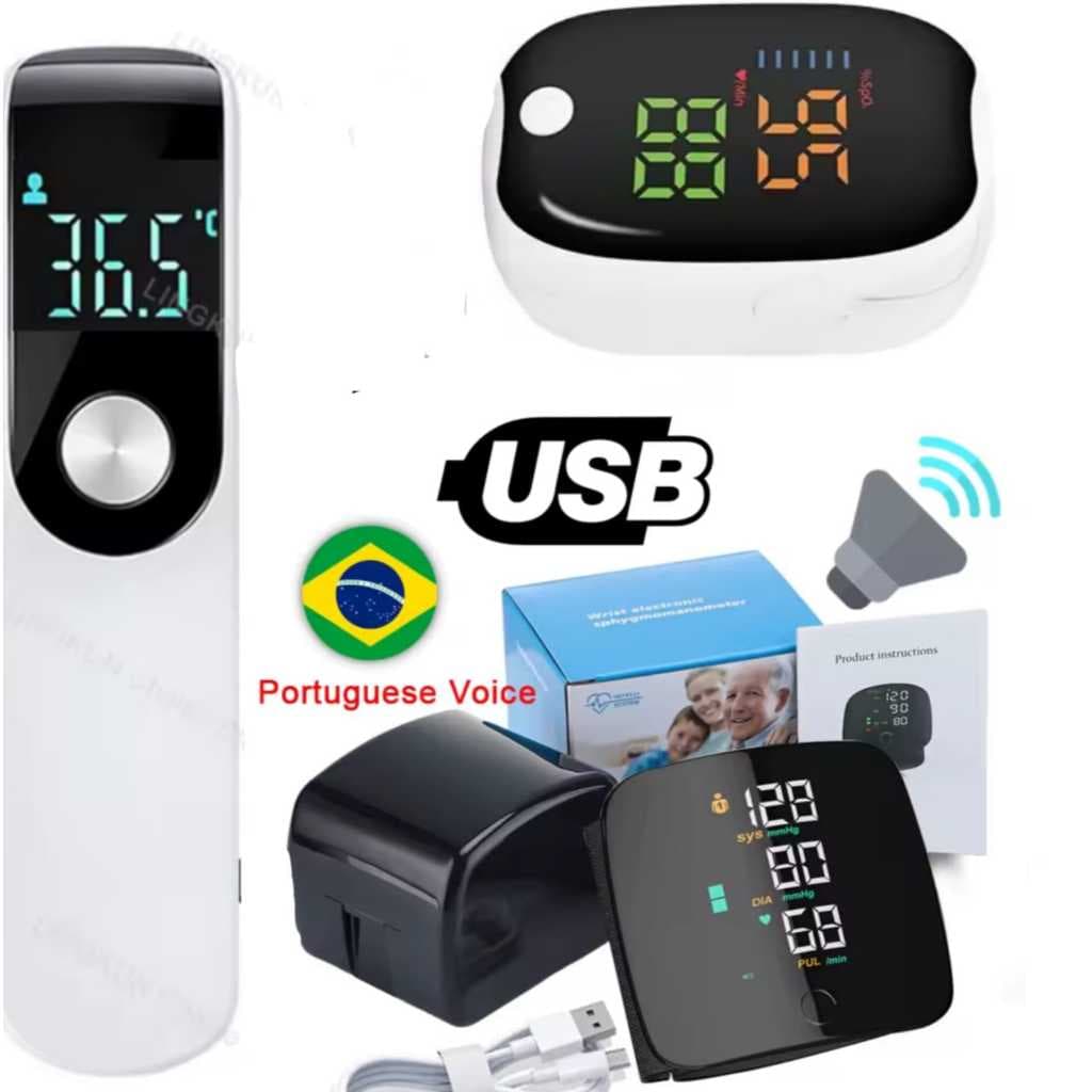 Kit de saúde Termômetro Digital e Oximetro e Monitor de Pressão Arterial Recarregável