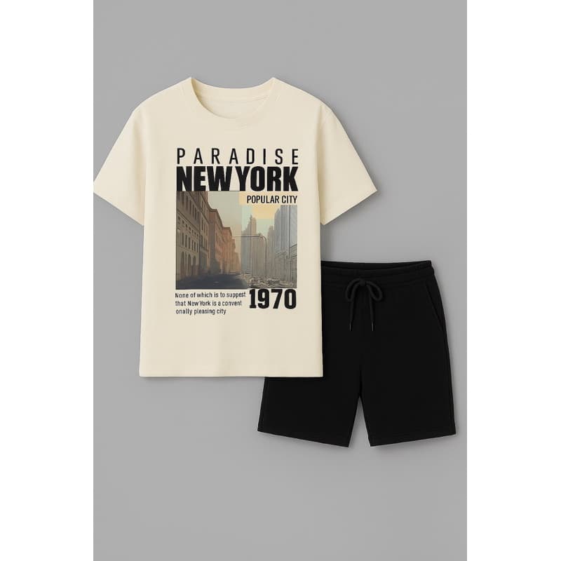 Kit Camiseta + Bermuda Moletom Short Masculina New York Paradise Camisa T-Shirt Manfinity 100% Algodão Moda Street