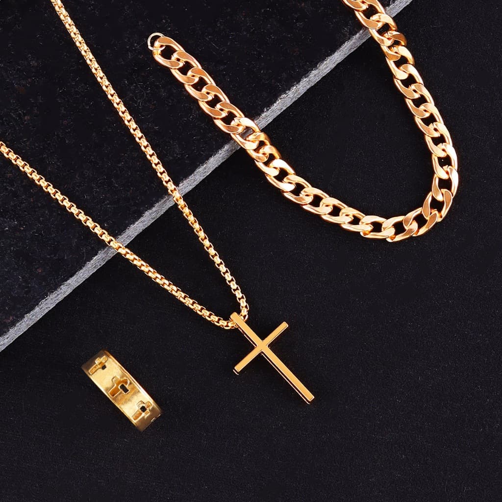 Kit 3 Peças Cordão Corrente Crucifixo Pulseira E Anel