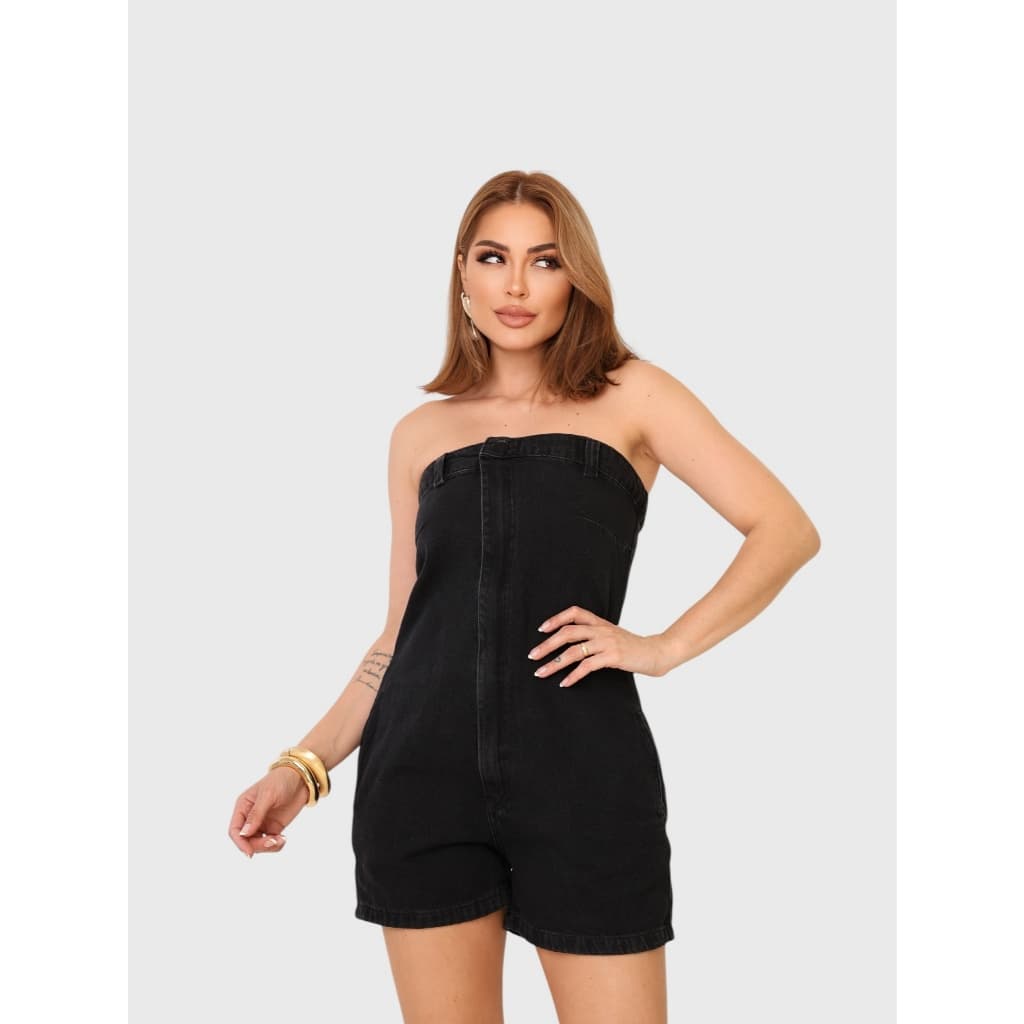 INFINITO MODA Macaquinho Jeans Short Macacão Feminino Tomara Que Caia Preto Grafite