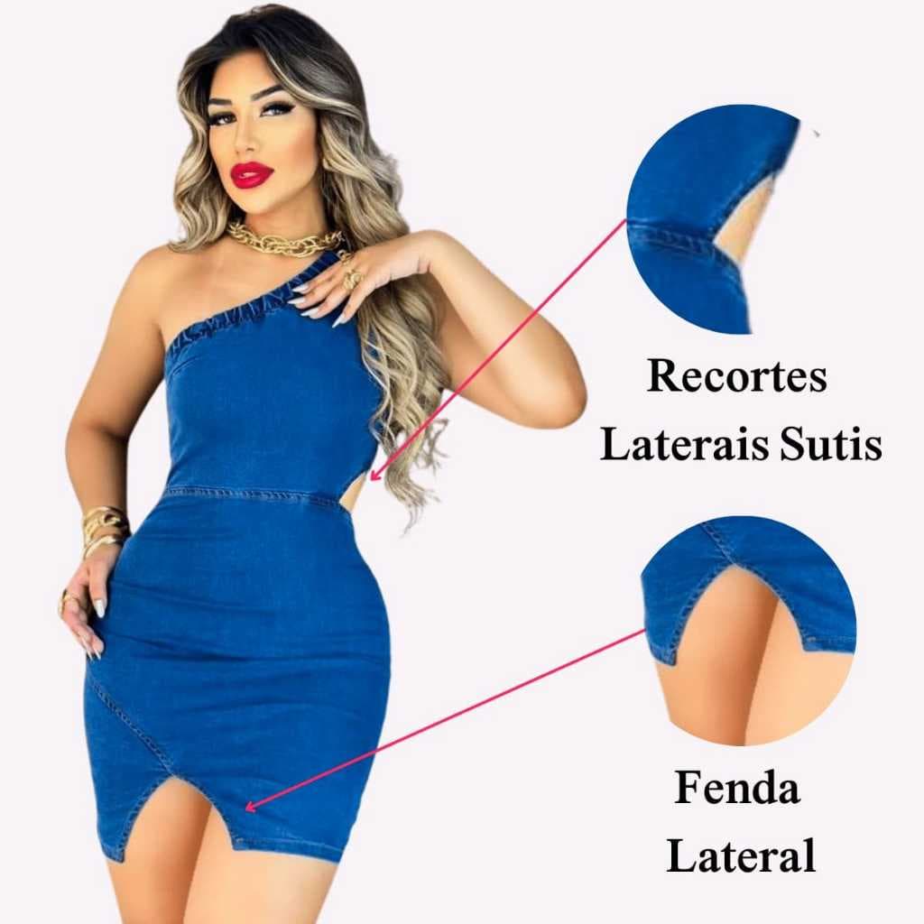 Vestido Feminino Jeans Uma Alça Detalhe Recorte na Lateral e Fenda com Fechamento Ziper na Lateral