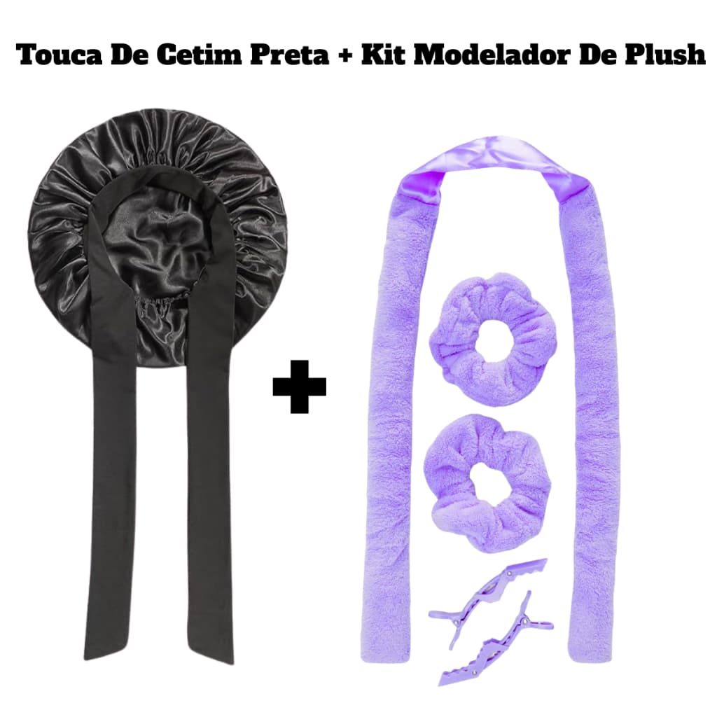 Kit Hair Care Luxury – Touca de Cetim Premium, Laço Ajustável + Modelador de Plush com Scrunchies