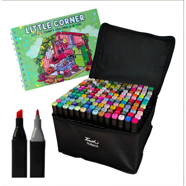 Maleta 168 Cores Canetinhas Dupla Ponta + Livro De Pintura