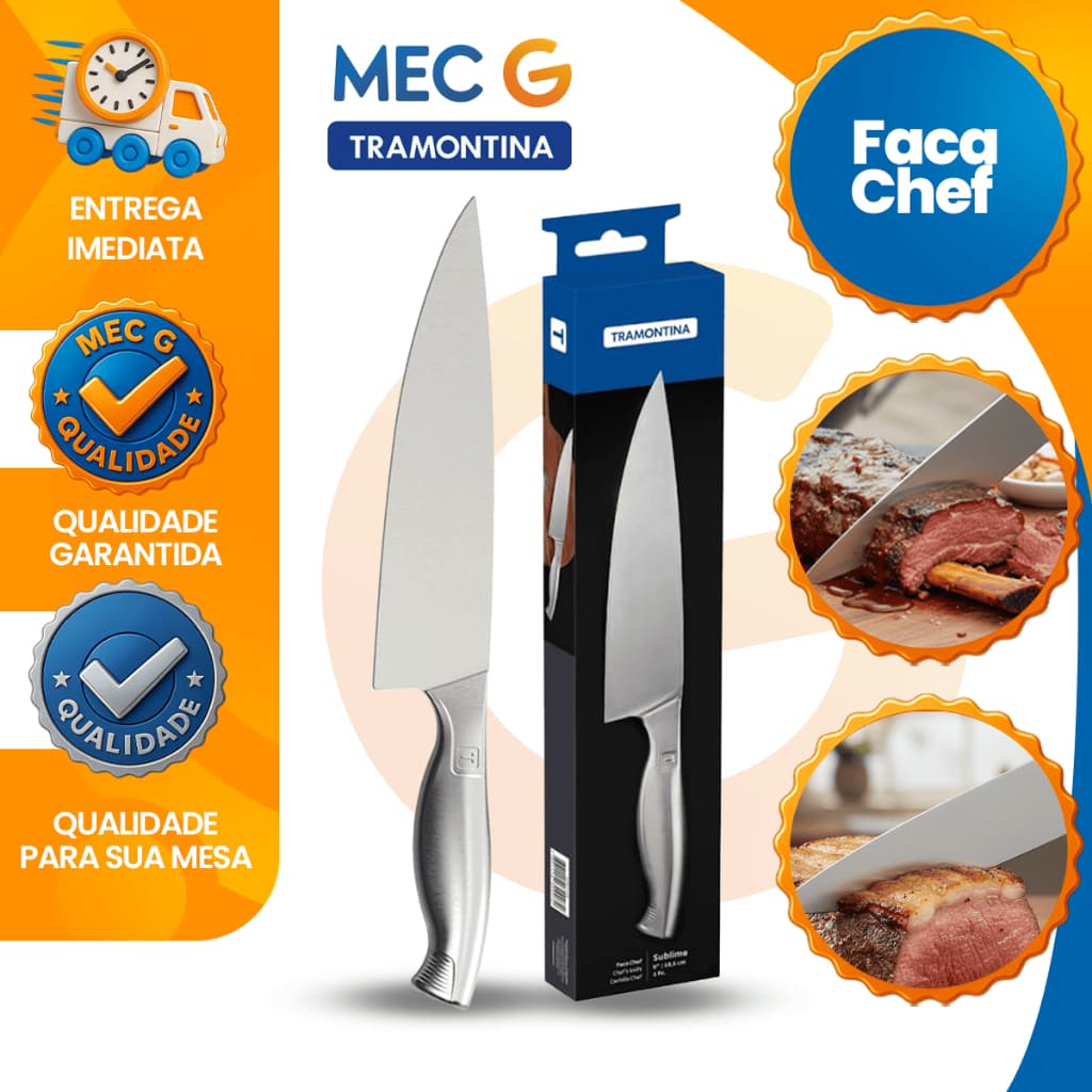 Faca Chef Cozinha Profissional 8" com Cabo Inox Sublime Tramontina Utility