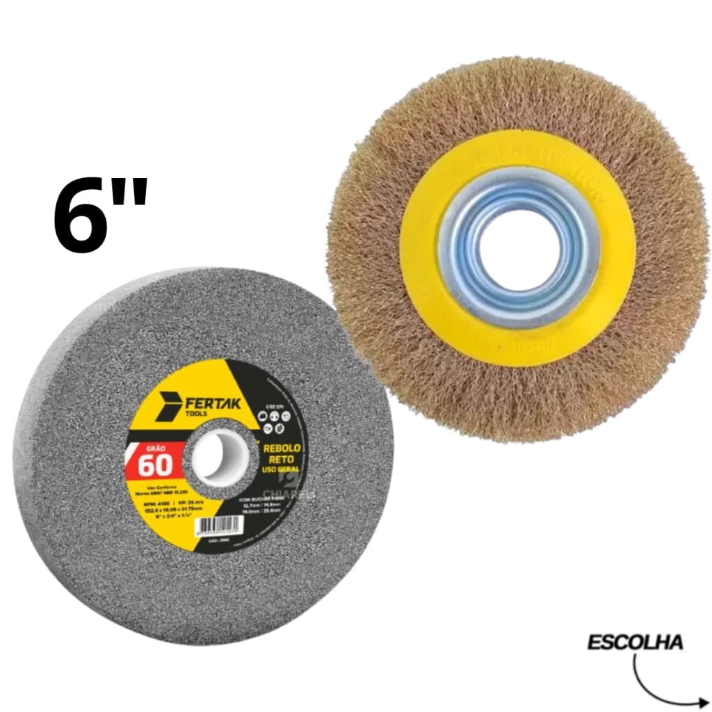 Rebolo Reto Pedra Esmeril 6" X 3/4" G60 E Escova de Aço Circular Ondulada 1/2", 3/4" e 1" - Escolha