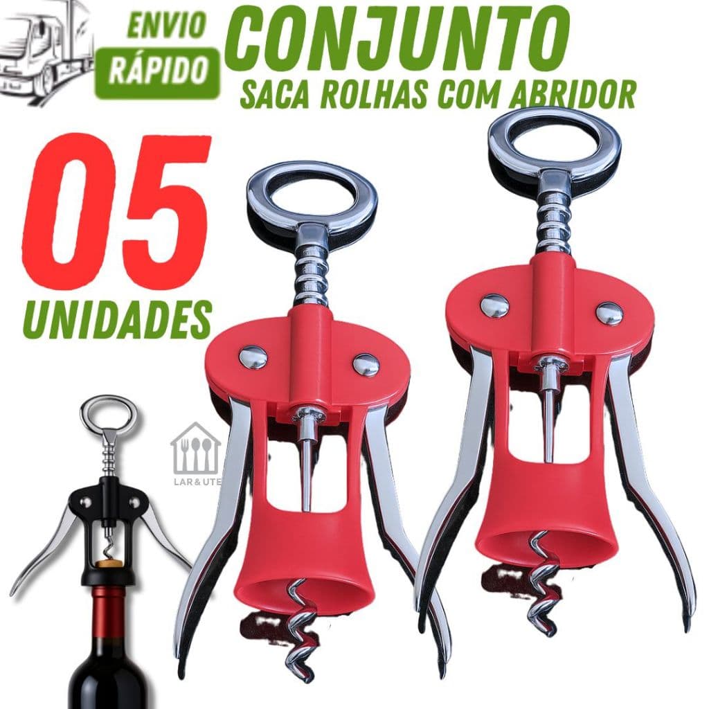 Kit com 05/03 ou 01 Unidade  Saca Rolhas Abridor de Vinho Inox 17cm Profissional para Garçom ou Casa