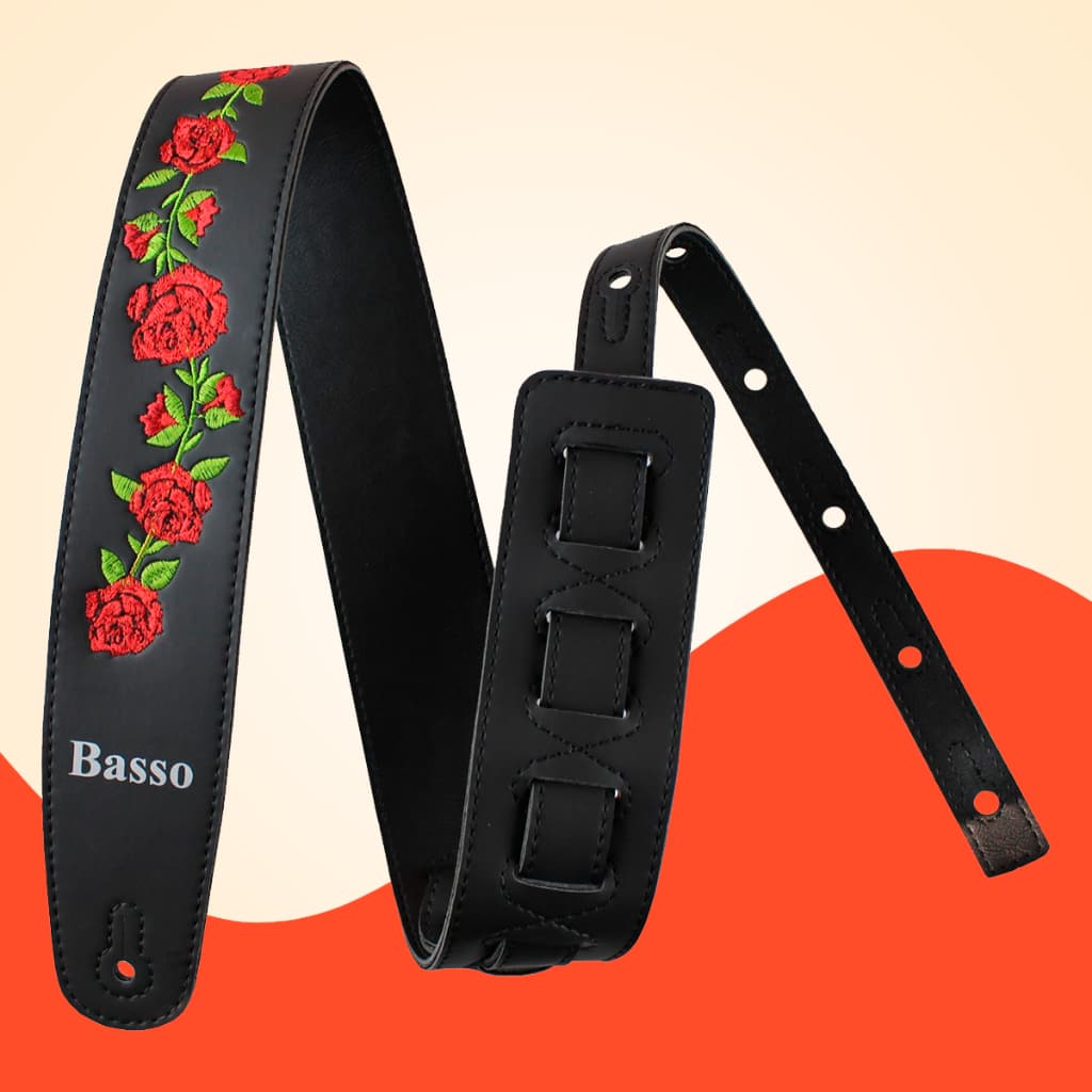 Correia Guitarra Violão Baixo Basso Alça Vt Fl 01 Floral Preto Ajustável Profissional Confortável