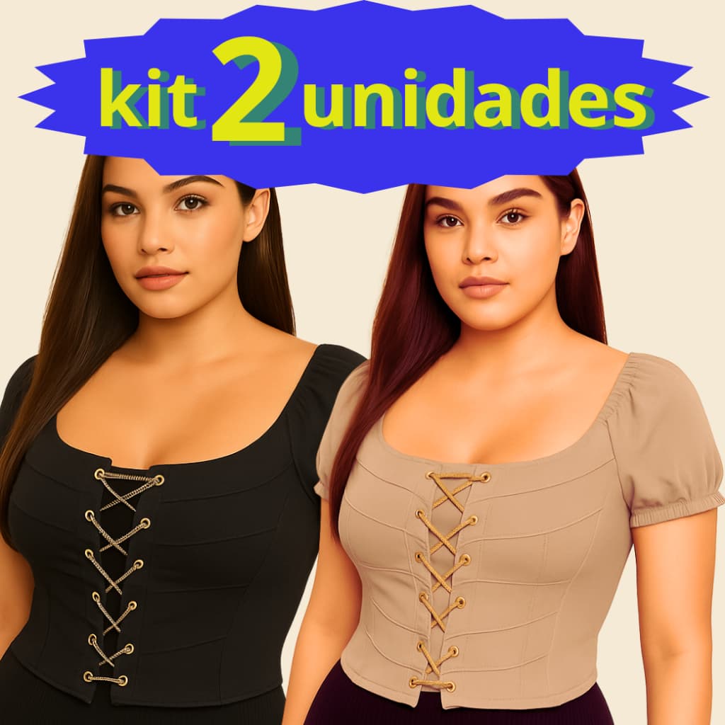 Kit 2 Peças Blusa feminina cropped manga curta com bojo e correntinha