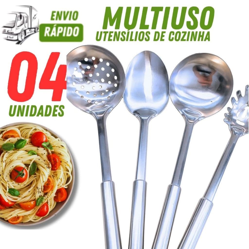 Jogo Pegadores de Inox 04/03/02/01 com Pegador de Massa Colher de Arroz Escumadeira Concha para Casa