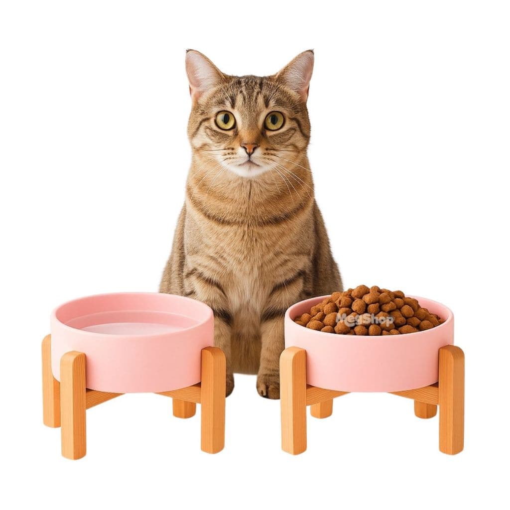 Comedouro Bebedouro Elevado Gato Cachorro Cerâmica Antiderrapante Suporte Bambu Água Ração