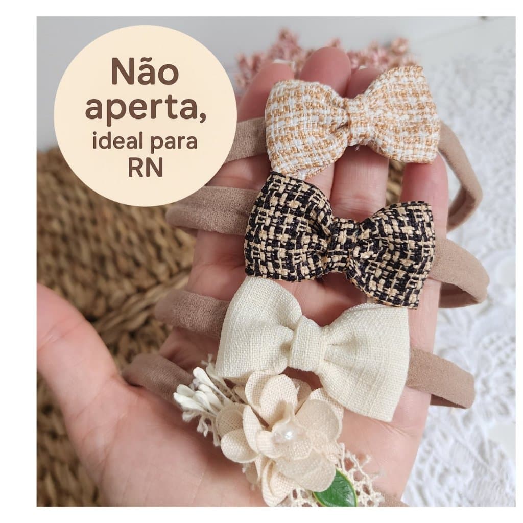kit 4 tiaras mini laços e Tiara para Bebê | Faixinhas Slim Confortáveis Artesanais - tecido linho