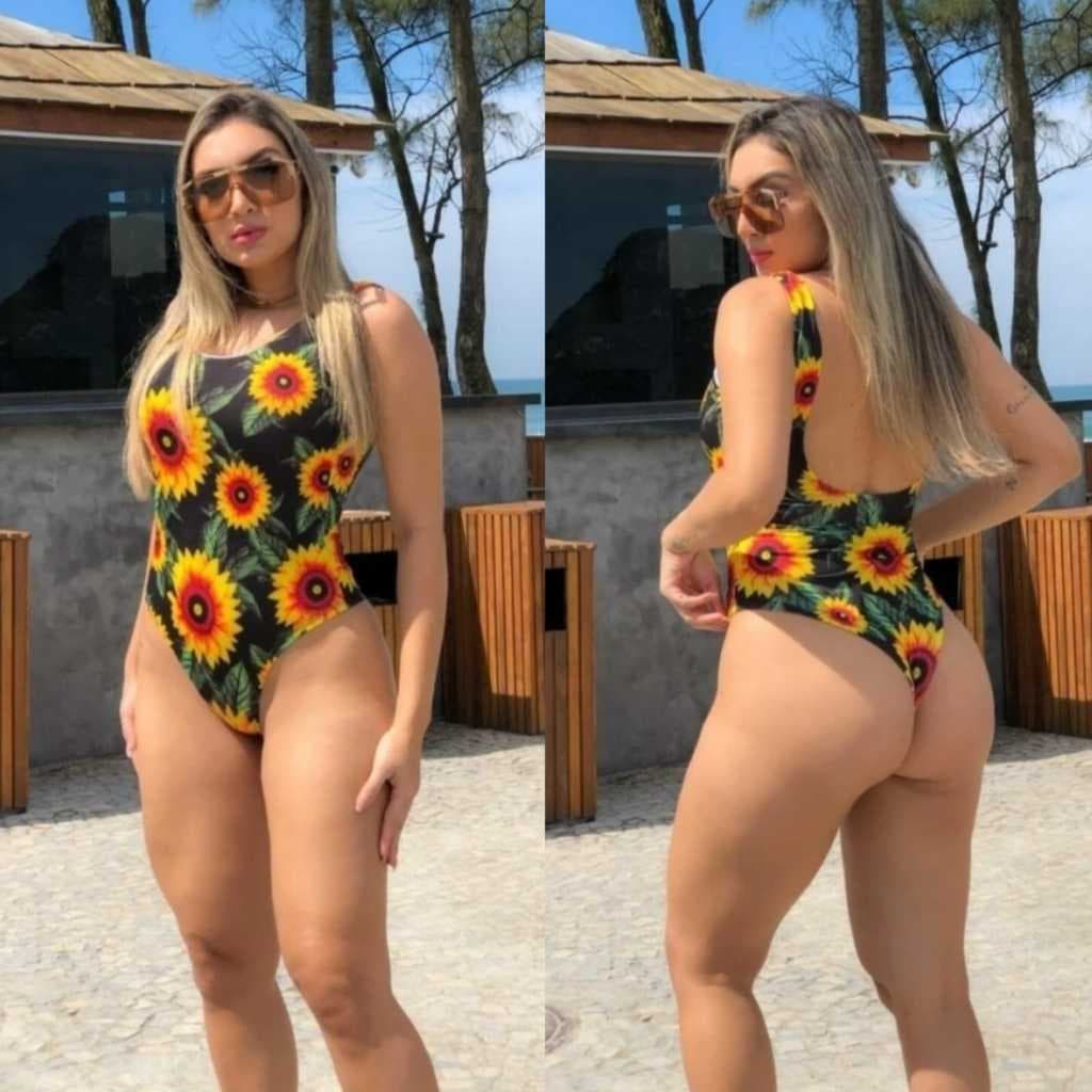 Body Maiô Estampado de Suplex Cavado com Elástico nas Costas Moda Feminina