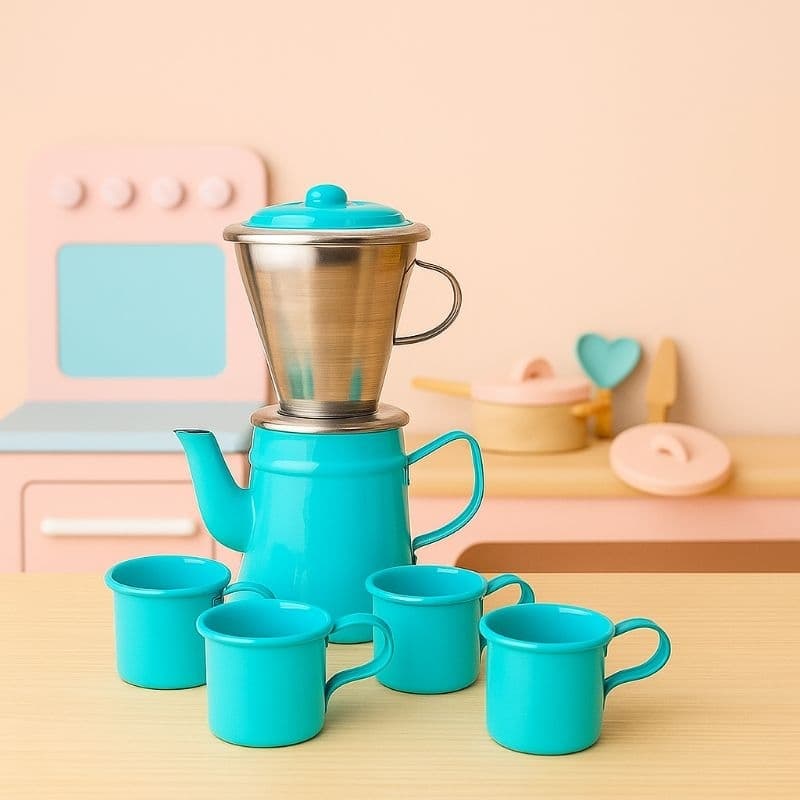 Jogo de chá e Café Azul Infantil com 4 xícaras e Bule  Coado em Alumínio Kit Retrô
