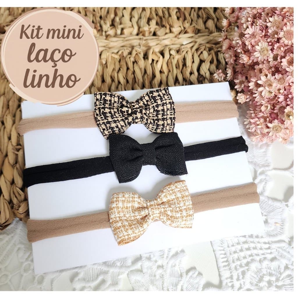 Kit 3 Tiaras Bebê Recém-Nascido | Laço RN em Tecido linho| Mini Laços Faixa de Meia Menina
