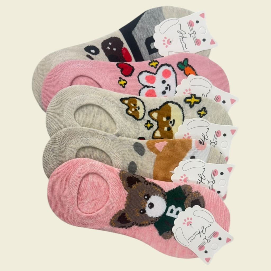 Kit Pares Meia invisível Feminina para Yoga Pilates, Estampa bichinhos e flores, Sapatilha Invisível