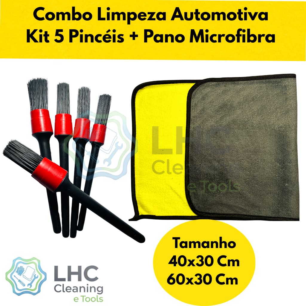 Kit Limpeza Automotiva Pincéis limpeza Automotiva 5 Tamanhos +  Flanelas Toalhas Panos de Microfibra Premium 40x30 60x30
