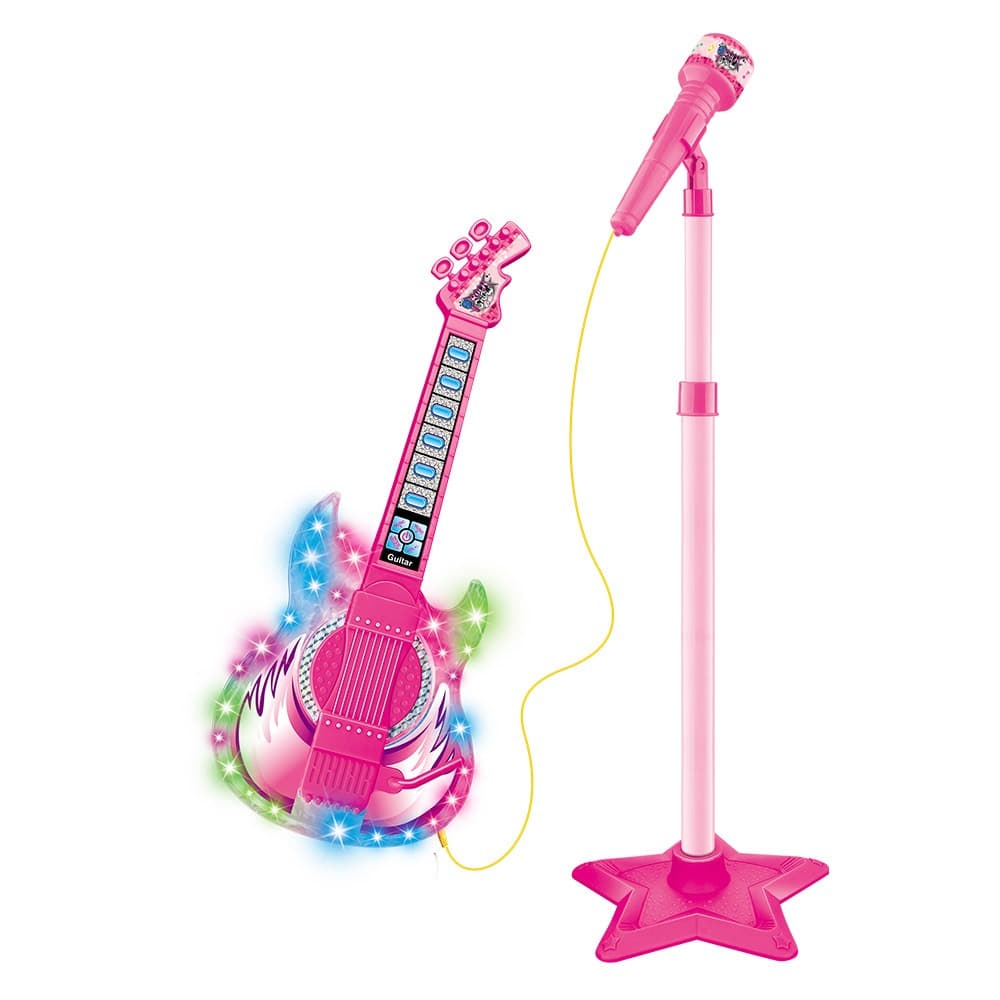 Guitarra Infantil Rosa com Microfone no Pedestal Rock Show Brinquedo Musical Luzes Som Menina Show