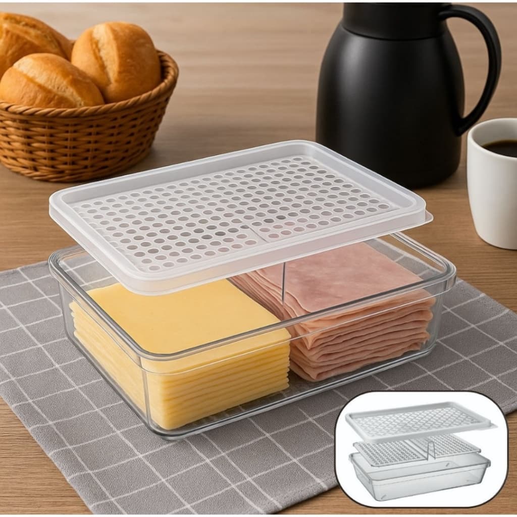 Porta Frios Geladeira Com Divisória e Escorredor de Líquido Em Acrílico Resistente Transparente Com Tampa Organizador