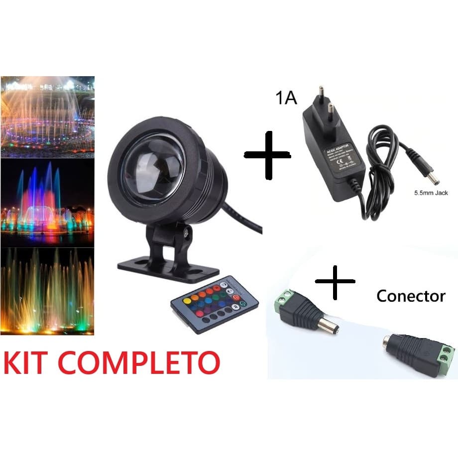 KIT Lâmpada Mini Refletor  Led 15w Subaquática Rgb com Controle Remoto 12Volts 500 Lúmens