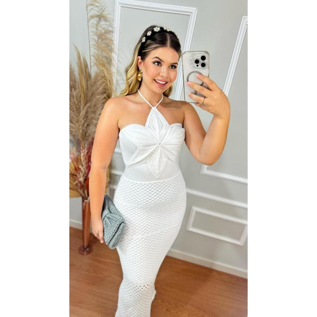 Vestido Longo Flor Tomara que Caia Modal Tricot Rendado Midi Praia Elegante Casual Festa Casamento Moda Verão e Inverno