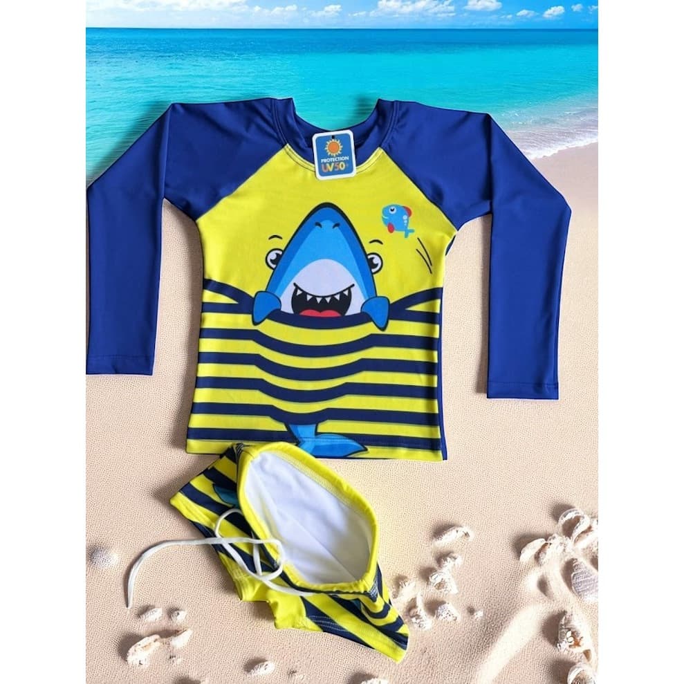 Kit Banho Conjunto Infantil Moda Praia Menino Verão Blusa Camisa Proteção Solar Uv50+ Sunga Tubarão