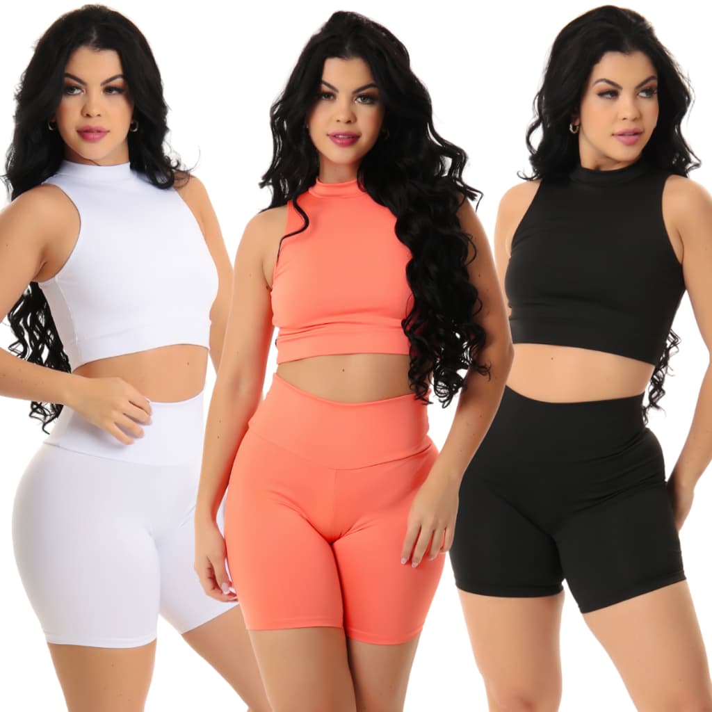 Kit 3 Top Fitness Feminino Academia Gola  Short Bermuda Treino Suplex Liso Cintura Alta Corrida