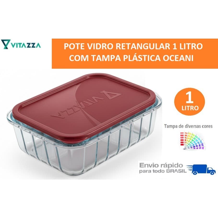 Tigela De Vidro 1 Litro Pote Retangular Com Tampa Plastica Oceani Vitazza